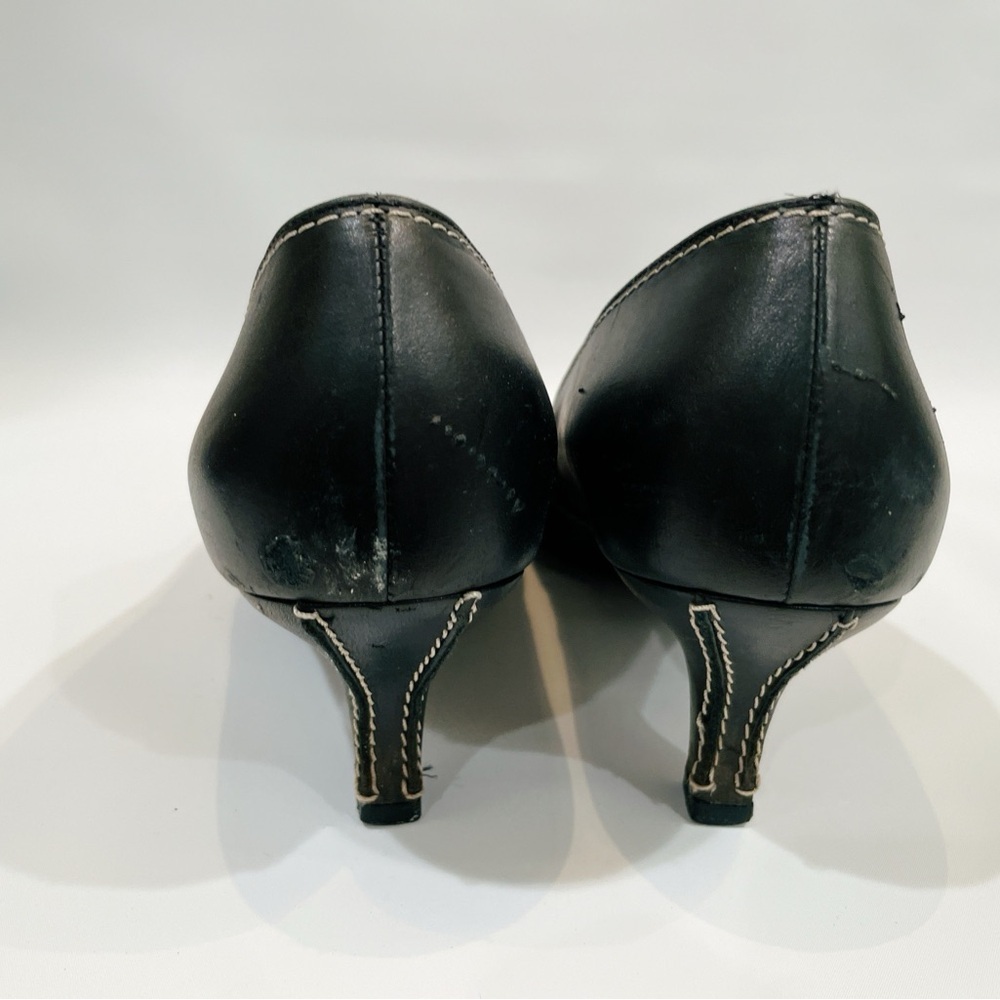 Salvatore Ferragamo Black Square Toes Ivory Stitching Leather Heeled Pumps 8.5 - Picture 4 of 12